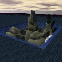 The previously sunken Ancient Lugian Fortress appears to be erupting to the surface just off the coast of Singularity Caul.